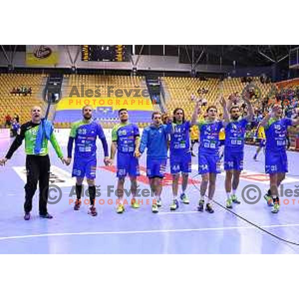 Zorman, Bezjak,Bombac, Skube, Cehte of Slovenia in action during handball match Slovenia-Sweden in qualification for 2016 European Championships played in Zlatorog Hall, Celje, Slovenia on May 3, 2015