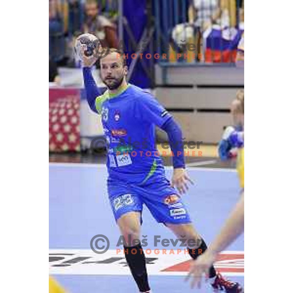 Uros Zorman of Slovenia in action during handball match Slovenia-Sweden in qualification for 2016 European Championships played in Zlatorog Hall, Celje, Slovenia on May 3, 2015