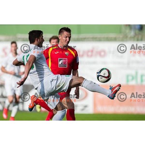 Marko Vukcevic, Andraz Sporar in action during football match Rudar - Olimpija, Round 32 of Prvaliga Telekom Slovenije, Velenje, Slovenia, 06.05.2015