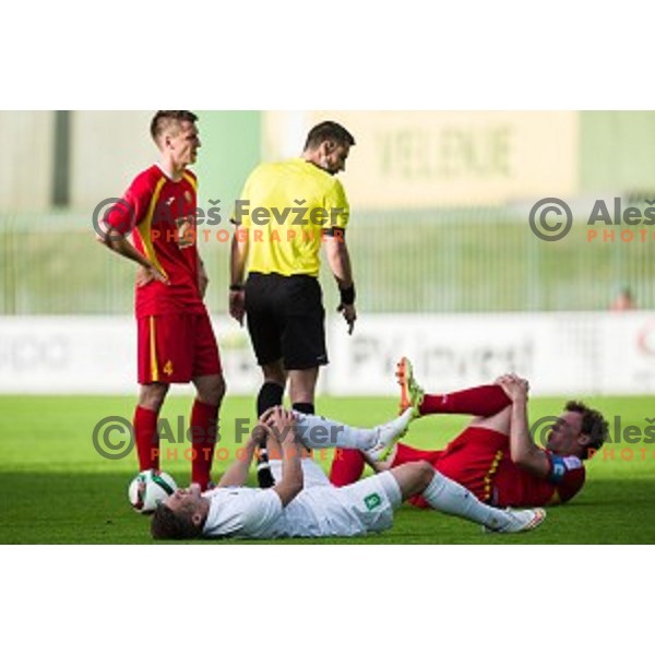 Rok Baskera, Ivan Knezovic in action during football match Rudar - Olimpija, Round 32 of Prvaliga Telekom Slovenije, Velenje, Slovenia, 06.05.2015
