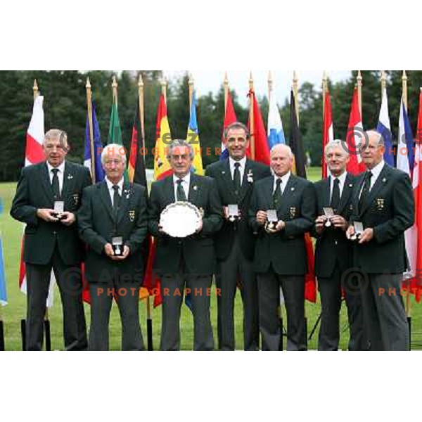 Irish team with medals and trophy for first place at European Senior Team Championship, played at Kings golf course at Bled, Slovenia 18.8.2007.Photo by Ales Fevzer 
