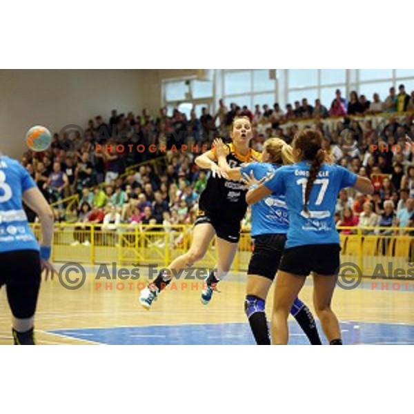 action during handball match between Zagorje Gen-I and Krim Mercator in the Final of Slovenian women\'s league in Zagorje Sports Hall, Slovenia on May 9, 2015