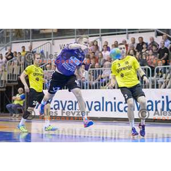 Skube Stas. Poklar TIne, Cehte Nejc in action during half final handball game, Maribor - Velenje Gorenje, played in Tabor Hall on 13.5.2015, Maribor