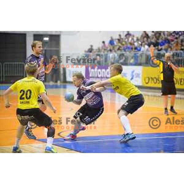 Mlakar Ziga, Poklar Tine, Skube Stas in action during half final handball game, Maribor - Velenje Gorenje, played in Tabor Hall on 13.5.2015, Maribor