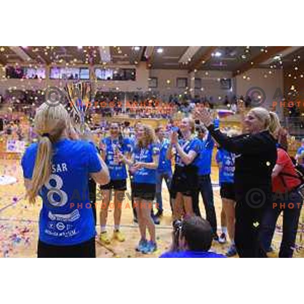 Players of Krim Mercator celebrating victory in Slovenian women\'s handball Cup beating team Zelene Doline Zalec in the Final in Kocevje on May 17, 2015