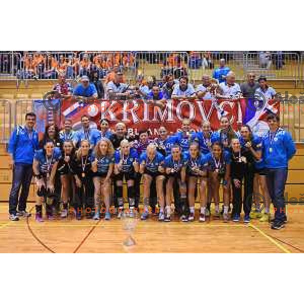 Players of Krim Mercator celebrating victory in Slovenian women\'s handball Cup beating team Zelene Doline Zalec in the Final in Kocevje on May 17, 2015