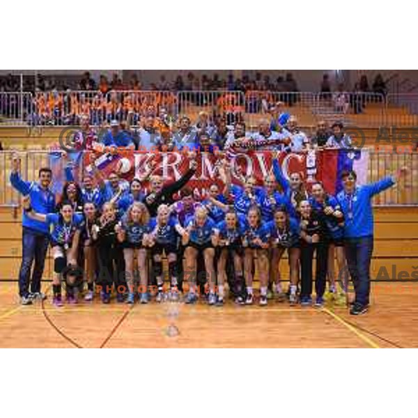 Players of Krim Mercator celebrating victory in Slovenian women\'s handball Cup beating team Zelene Doline Zalec in the Final in Kocevje on May 17, 2015