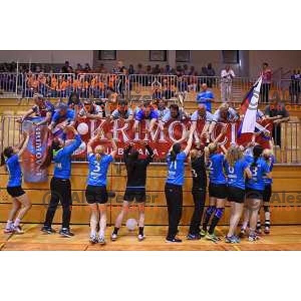 Players of Krim Mercator celebrating victory in Slovenian women\'s handball Cup beating team Zelene Doline Zalec in the Final in Kocevje on May 17, 2015