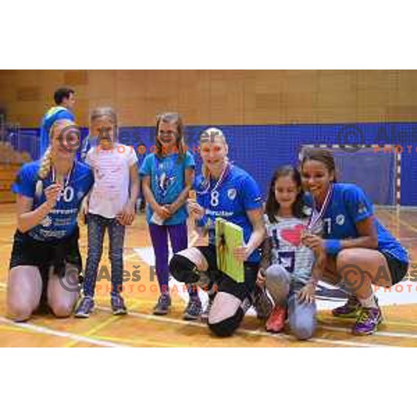 Players of Krim Mercator celebrating victory in Slovenian women\'s handball Cup beating team Zelene Doline Zalec in the Final in Kocevje on May 17, 2015