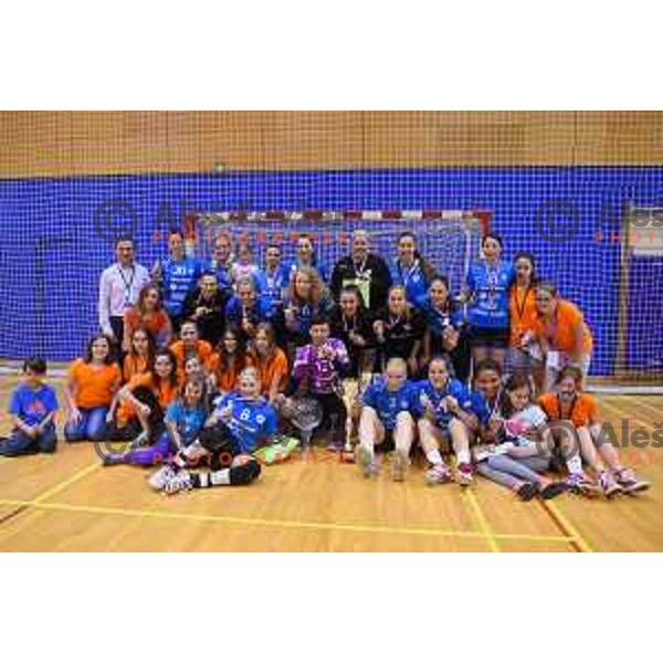 Players of Krim Mercator celebrating victory in Slovenian women\'s handball Cup beating team Zelene Doline Zalec in the Final in Kocevje on May 17, 2015