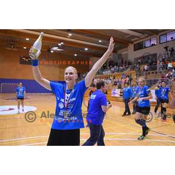 Tamara Mavsar of Krim Mercator celebrates victory in Slovenian women\'s handball Cup where Krim Mercator defeated team Zelene Doline Zalec in the Final in Kocevje on May 17, 2015