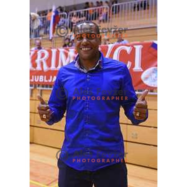 Marcos Tavares cheering for Players of Krim Mercator who celebrate victory in Slovenian women\'s handball Cup beating team Zelene Doline Zalec in the Final in Kocevje on May 17, 2015