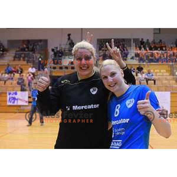 Misa Marincek and Tamara Mavsar of Krim Mercator celebrate victory in Slovenian women\'s handball Cup where Krim Mercator defeated team Zelene Doline Zalec in the Final in Kocevje on May 17, 2015