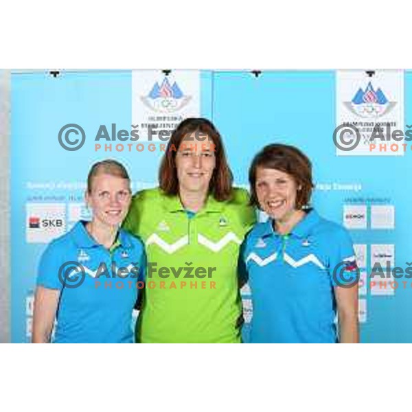 Ziva Zdolsek, Masa Pirsic, Ana Ljubenovic of Slovenia Olympic team for First European games in Baku Azerbaijan during official presentation in Koper on June 4, 2015