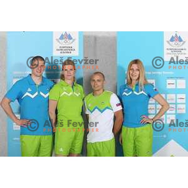 Ivan Trajkovic, Nusa Rajher, Jure Pantar, Franka Anic of Slovenia Olympic team for First European games in Baku Azerbaijan during official presentation in Koper on June 4, 2015
