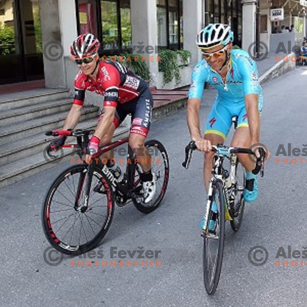 Jan Tratnik of team Amplatz BMC and Borut Bozic of team Astana in Idrija, Slovenia on June 6, 2015