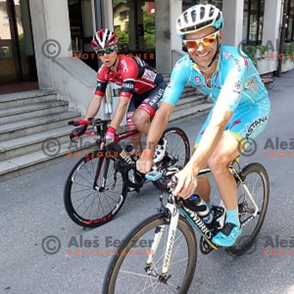 Jan Tratnik of team Amplatz BMC and Borut Bozic of team Astana in Idrija, Slovenia on June 6, 2015