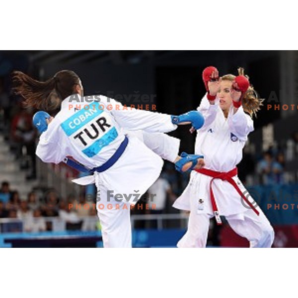 Tjasa Ristic (SLO) competes against Coban (TUR) in semi-final of Karate Women\'s Kumite -61 kg at First European Games in Crystal Hall 3 in Baku, Azerbaijan on June 13, 2015