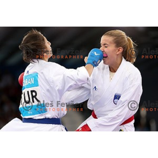 Tjasa Ristic (SLO) competes against Coban (TUR) in semi-final of Karate Women\'s Kumite -61 kg at First European Games in Crystal Hall 3 in Baku, Azerbaijan on June 13, 2015