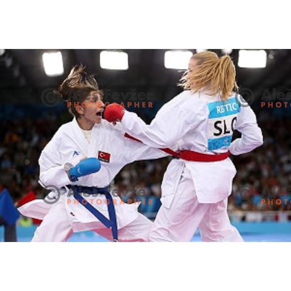 Tjasa Ristic (SLO) competes against Coban (TUR) in semi-final of Karate Women\'s Kumite -61 kg at First European Games in Crystal Hall 3 in Baku, Azerbaijan on June 13, 2015