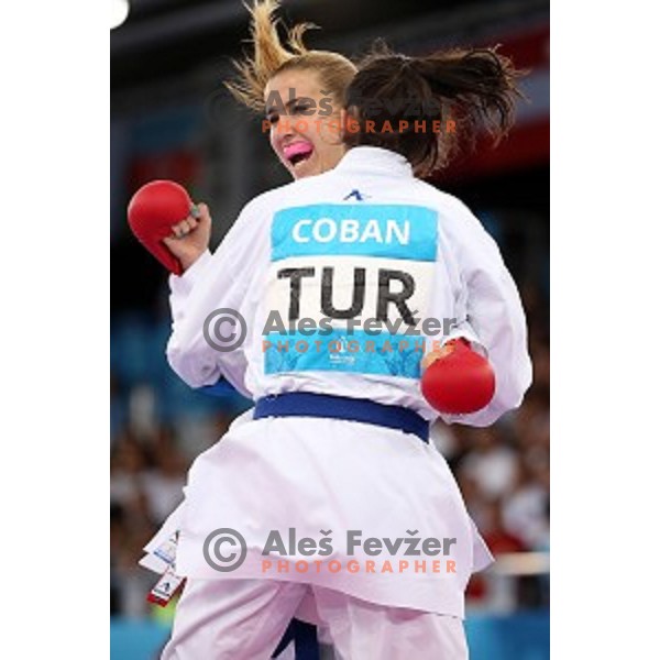 Tjasa Ristic (SLO) competes against Coban (TUR) in semi-final of Karate Women\'s Kumite -61 kg at First European Games in Crystal Hall 3 in Baku, Azerbaijan on June 13, 2015