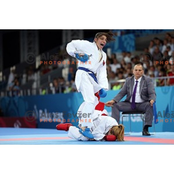 Tjasa Ristic (SLO) competes against Coban (TUR) in semi-final of Karate Women\'s Kumite -61 kg at First European Games in Crystal Hall 3 in Baku, Azerbaijan on June 13, 2015
