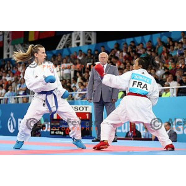 Ana Lenard (CRO) competes against Lucie Ignace (FRA) in semi-final of Karate Women\'s Kumite -61 kg at First European Games in Crystal Hall 3 in Baku, Azerbaijan on June 13, 2015