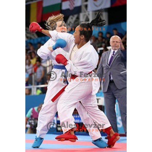Ana Lenard (CRO) competes against Lucie Ignace (FRA) in semi-final of Karate Women\'s Kumite -61 kg at First European Games in Crystal Hall 3 in Baku, Azerbaijan on June 13, 2015