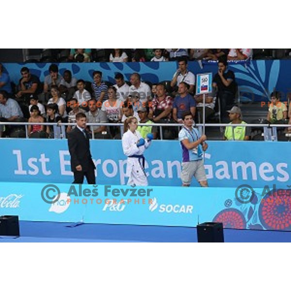 Tjasa Ristic (SLO) competes against Ana Lenard (CRO) in bronze medal match in Karate Women\'s Kumite -61 kg at First European Games in Crystal Hall 3 in Baku, Azerbaijan on June 13, 2015