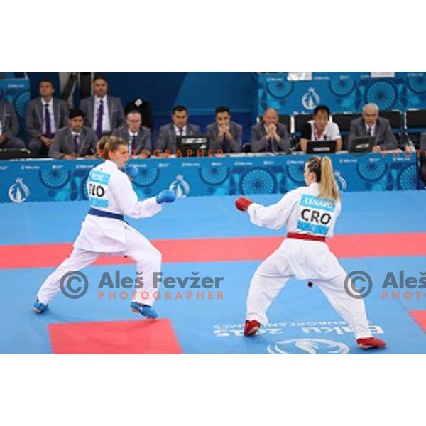 Tjasa Ristic (SLO) competes against Ana Lenard (CRO) in bronze medal match in Karate Women\'s Kumite -61 kg at First European Games in Crystal Hall 3 in Baku, Azerbaijan on June 13, 2015