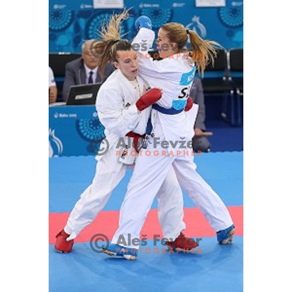 Tjasa Ristic (SLO) competes against Ana Lenard (CRO) in bronze medal match in Karate Women\'s Kumite -61 kg at First European Games in Crystal Hall 3 in Baku, Azerbaijan on June 13, 2015