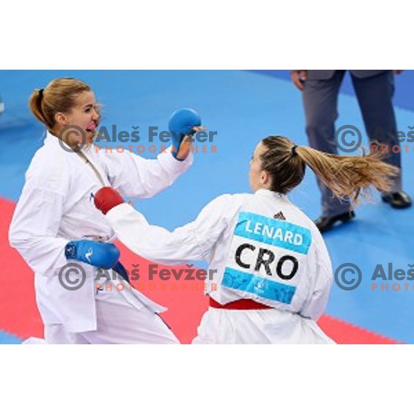Tjasa Ristic (SLO) competes against Ana Lenard (CRO) in bronze medal match in Karate Women\'s Kumite -61 kg at First European Games in Crystal Hall 3 in Baku, Azerbaijan on June 13, 2015