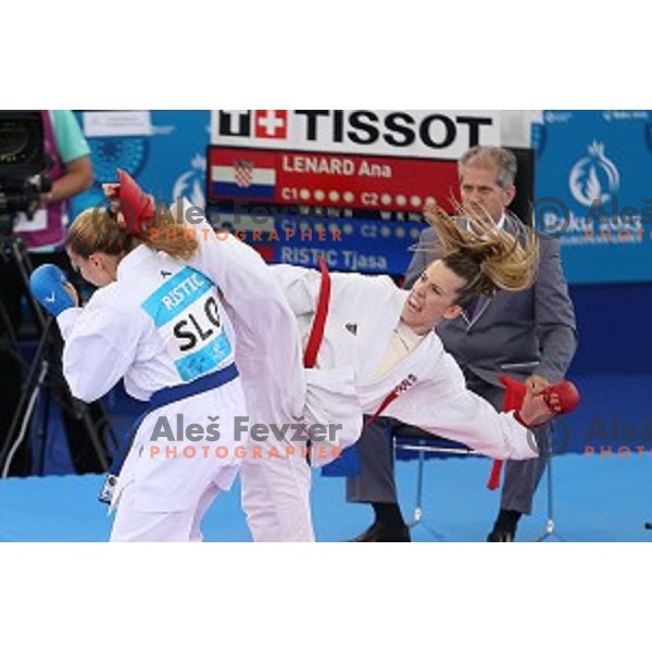 Tjasa Ristic (SLO) competes against Ana Lenard (CRO) in bronze medal match in Karate Women\'s Kumite -61 kg at First European Games in Crystal Hall 3 in Baku, Azerbaijan on June 13, 2015