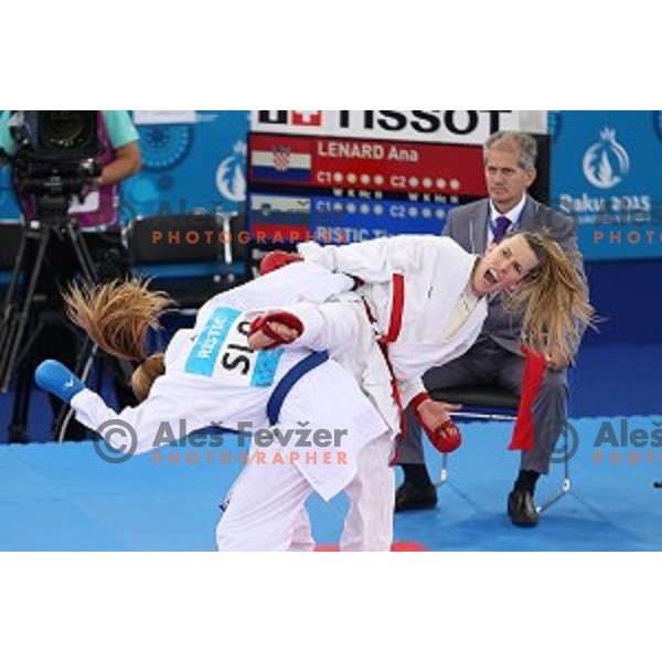 Tjasa Ristic (SLO) competes against Ana Lenard (CRO) in bronze medal match in Karate Women\'s Kumite -61 kg at First European Games in Crystal Hall 3 in Baku, Azerbaijan on June 13, 2015