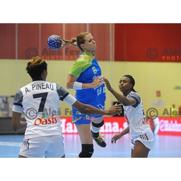 f Slovenia in action during qualifying handball match for World Championships between Slovenia and France in Velenje, Slovenia on June 13, 2015