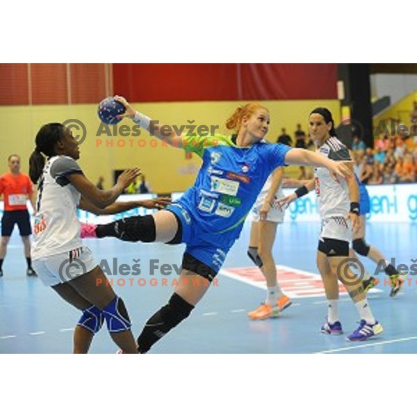 f Slovenia in action during qualifying handball match for World Championships between Slovenia and France in Velenje, Slovenia on June 13, 2015