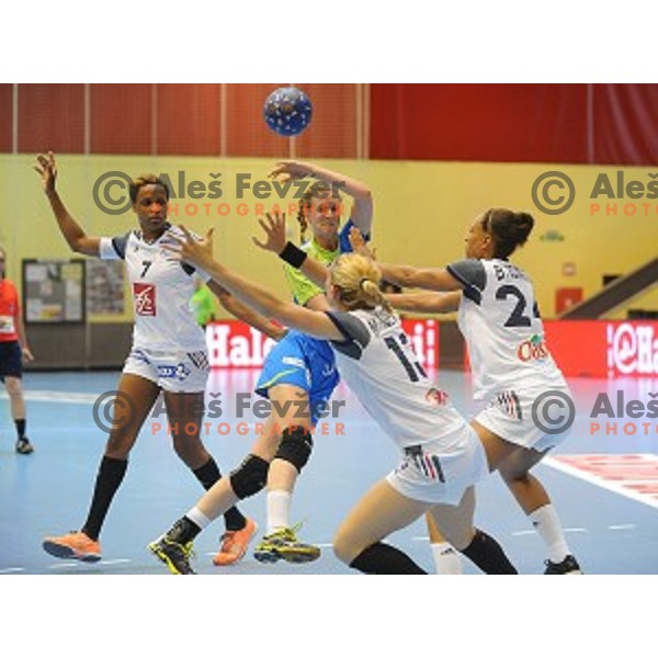 f Slovenia in action during qualifying handball match for World Championships between Slovenia and France in Velenje, Slovenia on June 13, 2015