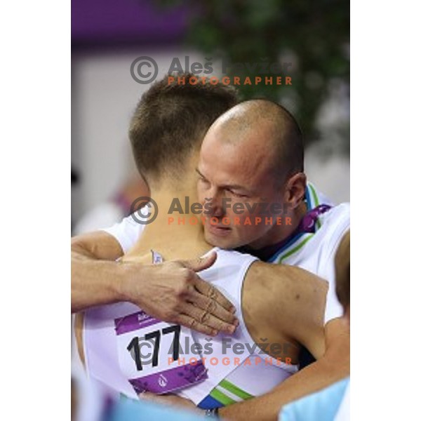 Coach Sebastjan Piletic and Saso Bertoncelj of Slovenia in qualification of pommel horse at First European Games Baku 2015 in National Gymnastics Arena in Baku, Azerbaijan on June 14, 2015