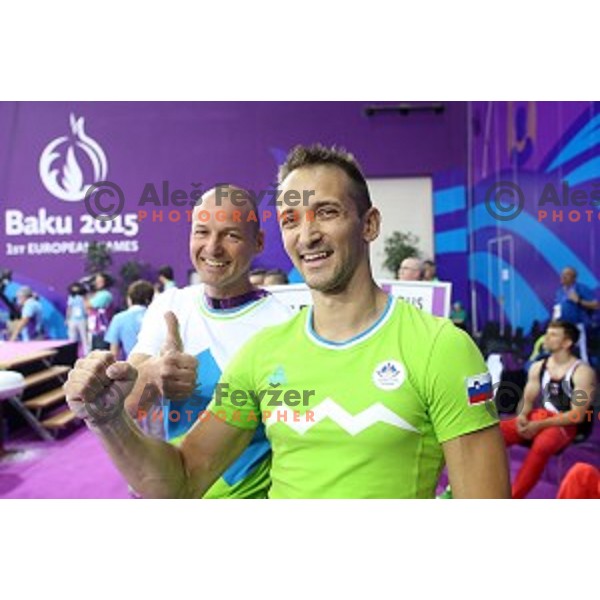 Coach Sebastjan Piletic and Saso Bertoncelj of Slovenia in qualification of pommel horse at First European Games Baku 2015 in National Gymnastics Arena in Baku, Azerbaijan on June 14, 2015