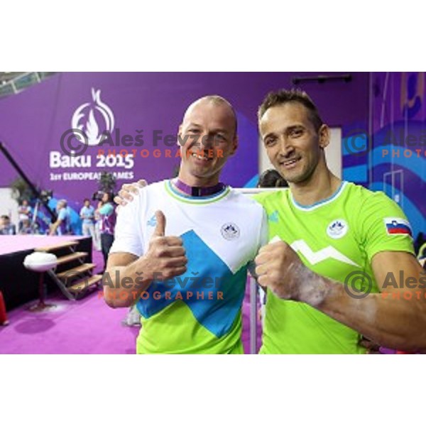 Coach Sebastjan Piletic and Saso Bertoncelj of Slovenia in qualification of pommel horse at First European Games Baku 2015 in National Gymnastics Arena in Baku, Azerbaijan on June 14, 2015