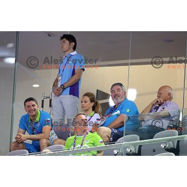 Edi Kolar, Brane Dmitrovic, Janez Kocijancic, Aljaz Pegan watching qualification of pommel horse at First European Games Baku 2015 in National Gymnastics Arena in Baku, Azerbaijan on June 14, 2015