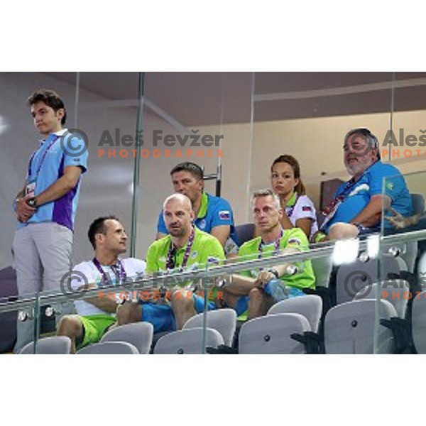 Edi Kolar, Brane Dmitrovic, Tomaz Barada, Aljaz Pegan, Blaz Perko watching qualification of pommel horse at First European Games Baku 2015 in National Gymnastics Arena in Baku, Azerbaijan on June 14, 2015