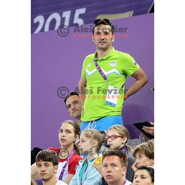 Bojan Tokic observes qualification of pommel horse at First European Games Baku 2015 in National Gymnastics Arena in Baku, Azerbaijan on June 14, 2015