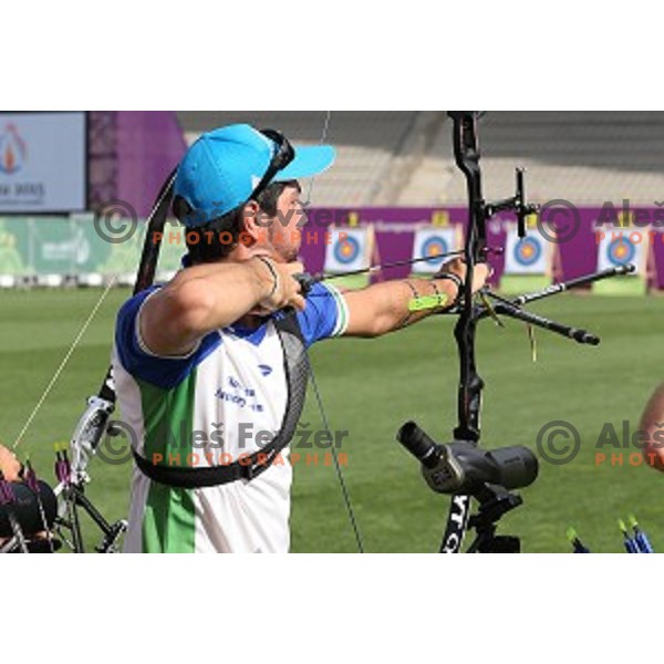 Jaka Komocar of Slovenia Archery team during team competition at Tofiq Bahramov Stadium, Baku 2015 First European Games, Azerbaijan on June 16, 2015
