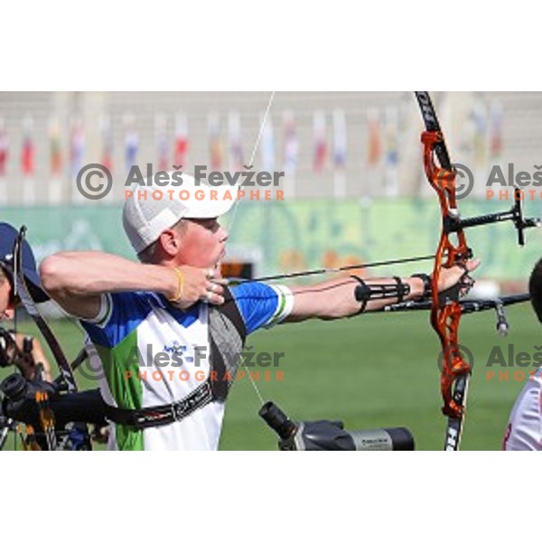 Den Habjan of Slovenia Archery team during team competition at Tofiq Bahramov Stadium, Baku 2015 First European Games, Azerbaijan on June 16, 2015