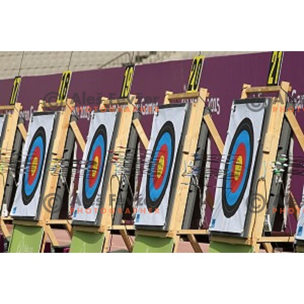 Rok Bizjak, Jaka Komocar and Den Habjan Malavasic of Slovenia Archery team during team competition at Tofiq Bahramov Stadium, Baku 2015 First European Games, Azerbaijan on June 16, 2015