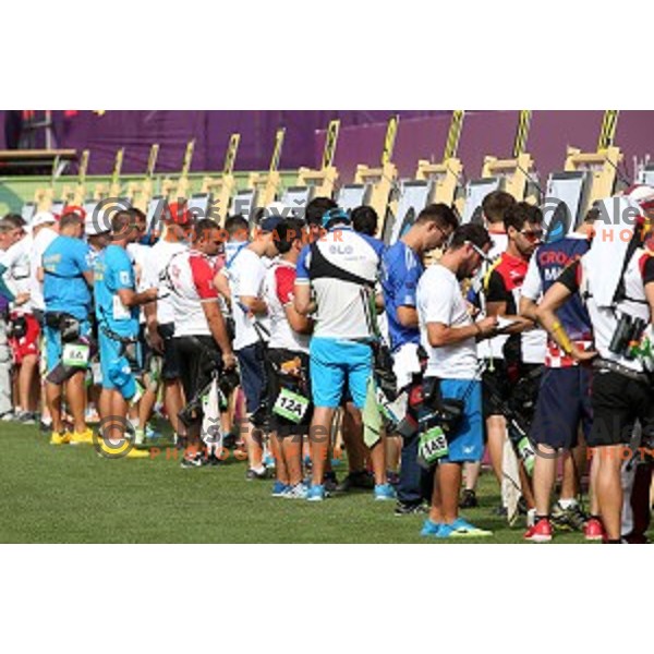Rok Bizjak, Jaka Komocar and Den Habjan Malavasic of Slovenia Archery team during team competition at Tofiq Bahramov Stadium, Baku 2015 First European Games, Azerbaijan on June 16, 2015
