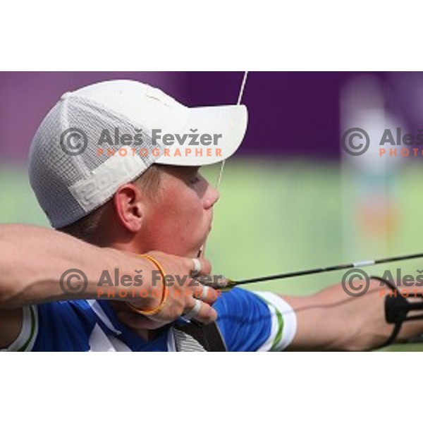 Den Habjan of Slovenia Archery team during team competition at Tofiq Bahramov Stadium, Baku 2015 First European Games, Azerbaijan on June 16, 2015