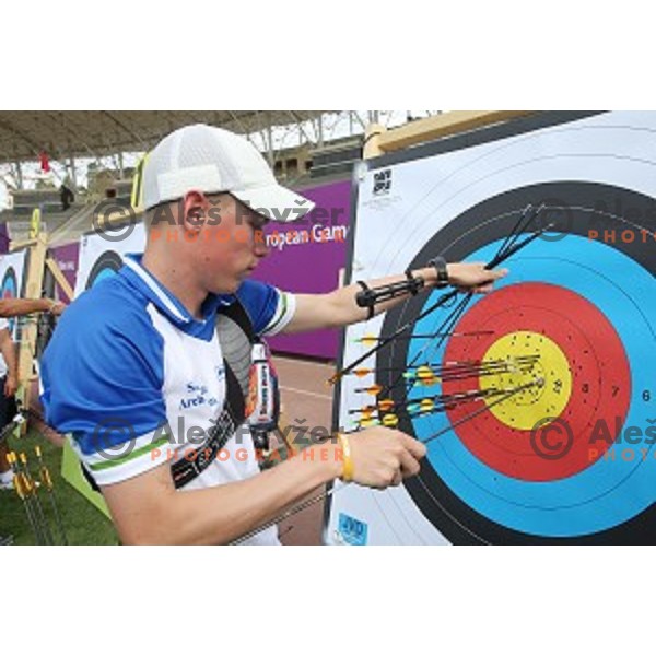 Den Habjan of Slovenia Archery team during team competition at Tofiq Bahramov Stadium, Baku 2015 First European Games, Azerbaijan on June 16, 2015
