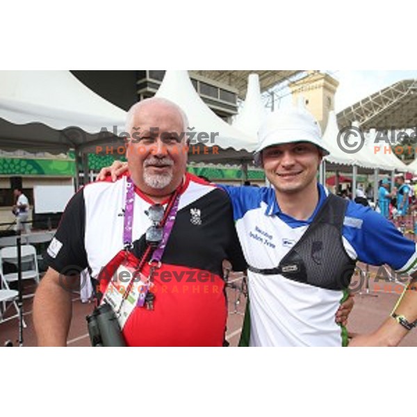 Samo Medved, head coach of Austria and Rok Bizjak of Slovenia Archery team during team competition at Tofiq Bahramov Stadium, Baku 2015 First European Games, Azerbaijan on June 16, 2015